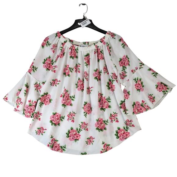 One More Thyme Tops - NWT One More Thyme Pink Roses White Blouse Women's Plus 3X Flared Sleeve Peasant